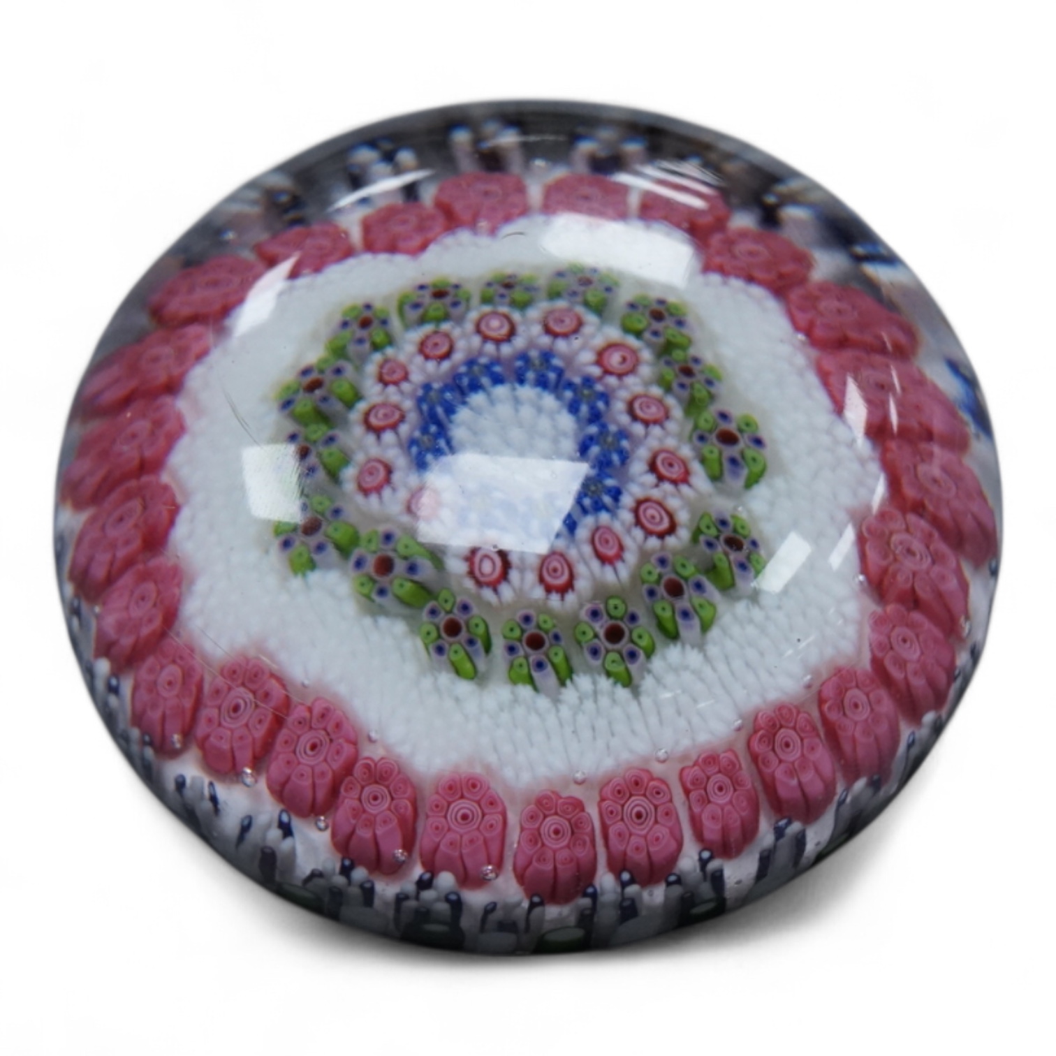 A Clichy concentric millefiori paperweight, green and white - striped basket, 7.5cm wide